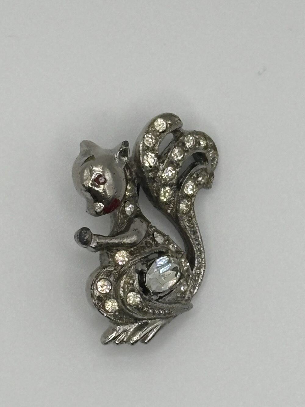 Vtg 40s Pot Metal Figural Squirrel Rhinestone Broach Whimsical